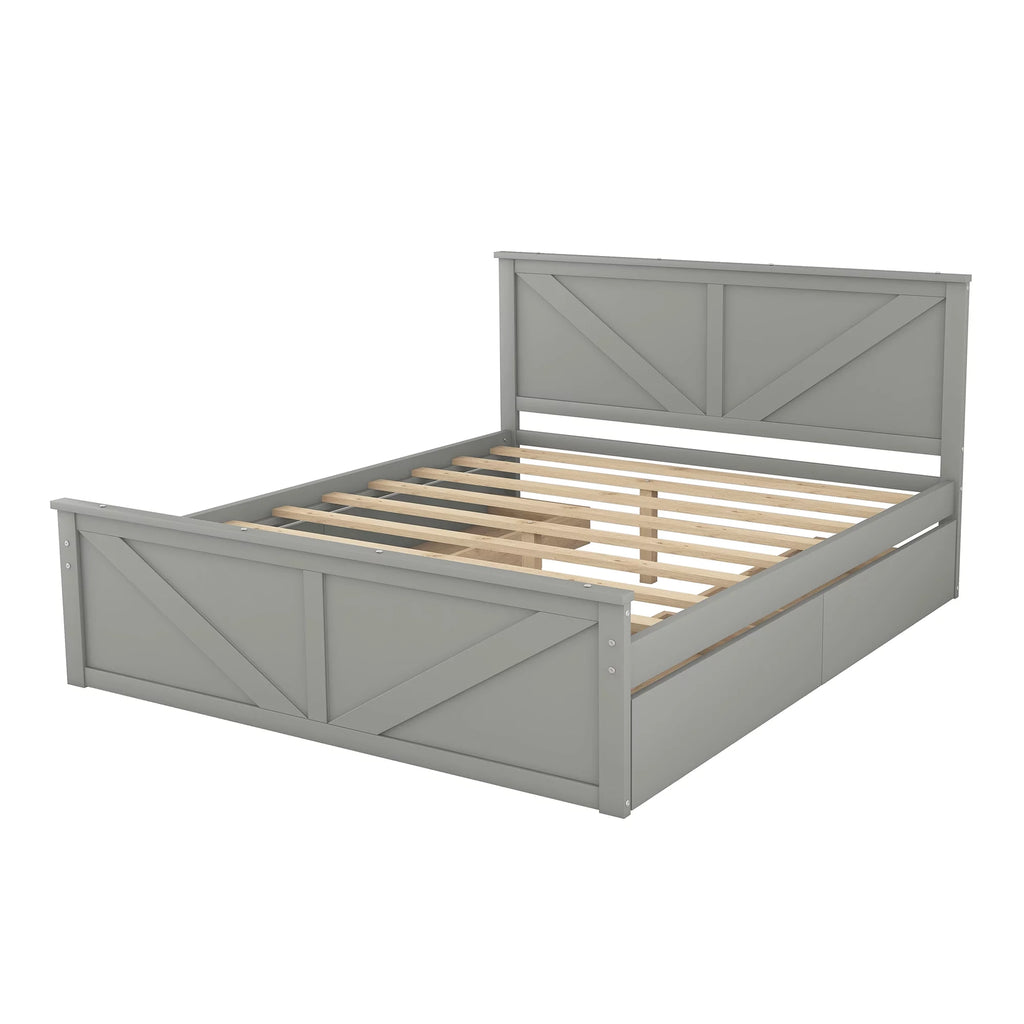 Gray Wood Queen Size Platform Bed with 4 Storage Drawers X75048