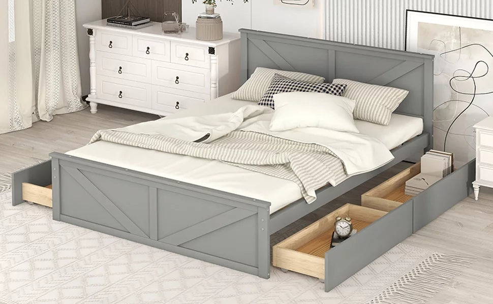 Gray Wood Queen Size Platform Bed with 4 Storage Drawers X75048