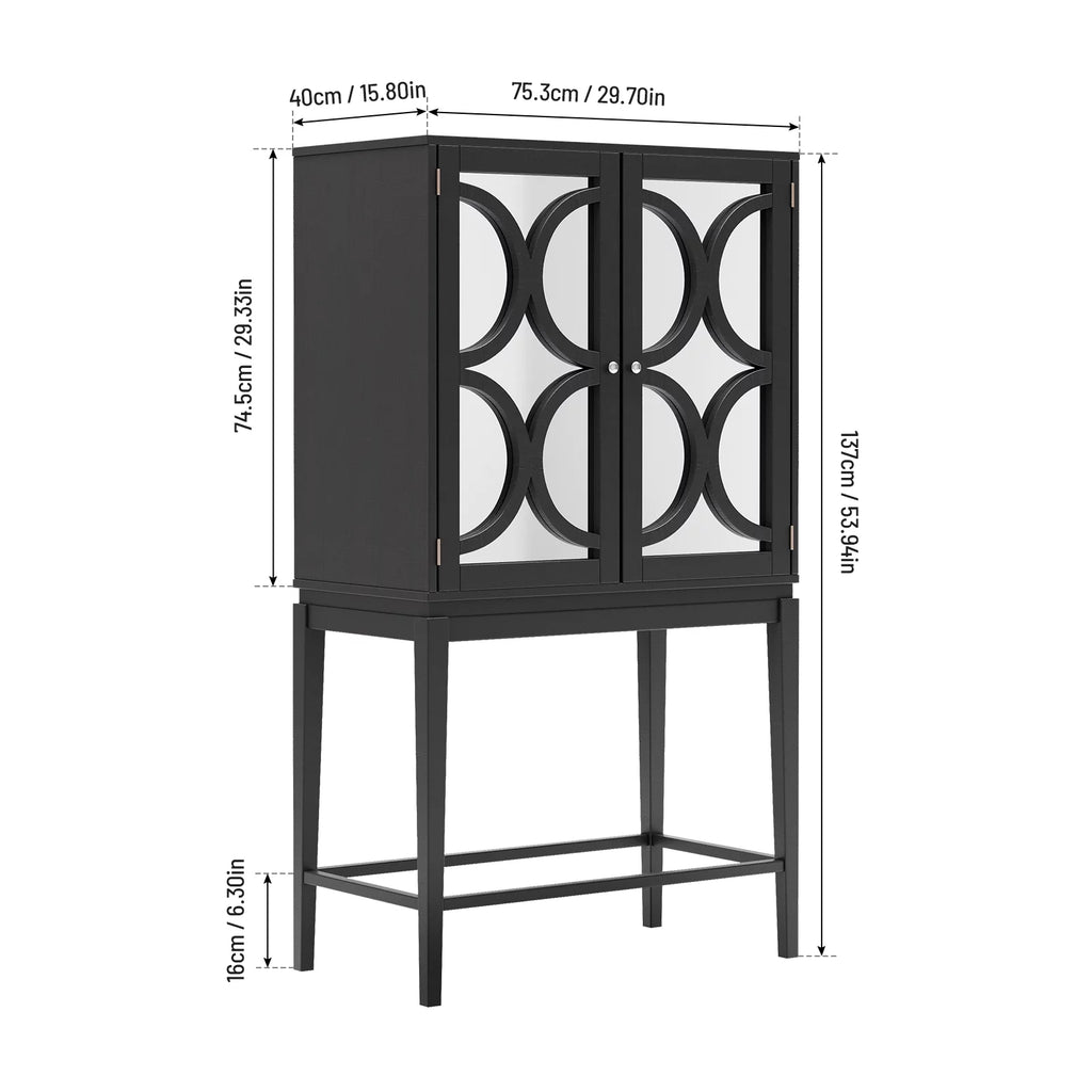 Solid Rubber Wood Double Mirror Door Bar Cabinet with Glass Holder F9530