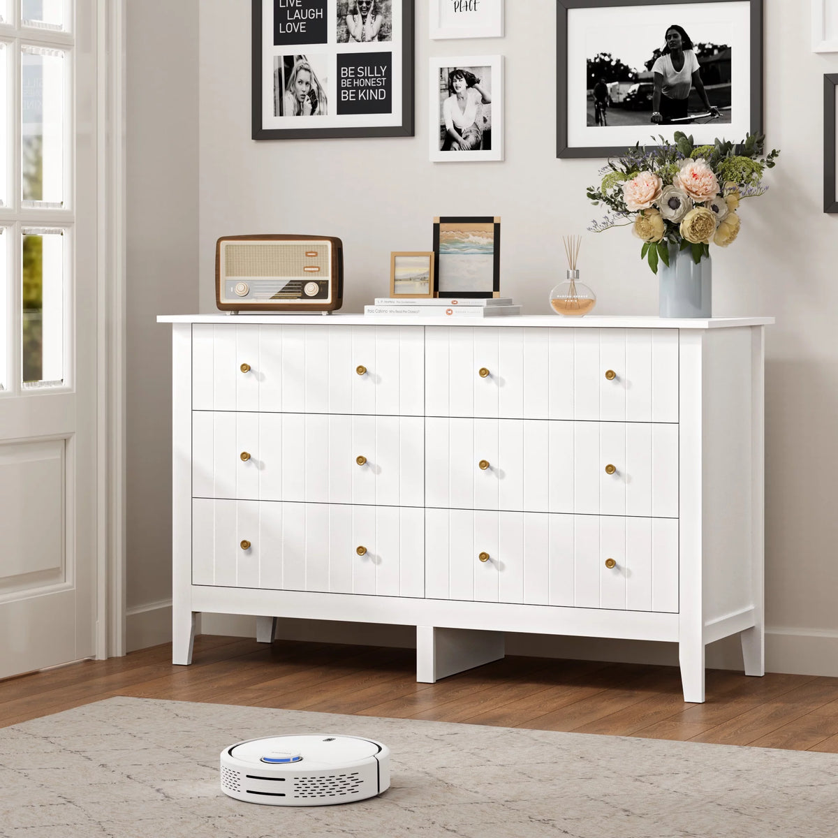 White 6 Drawer Wood Dresser W637