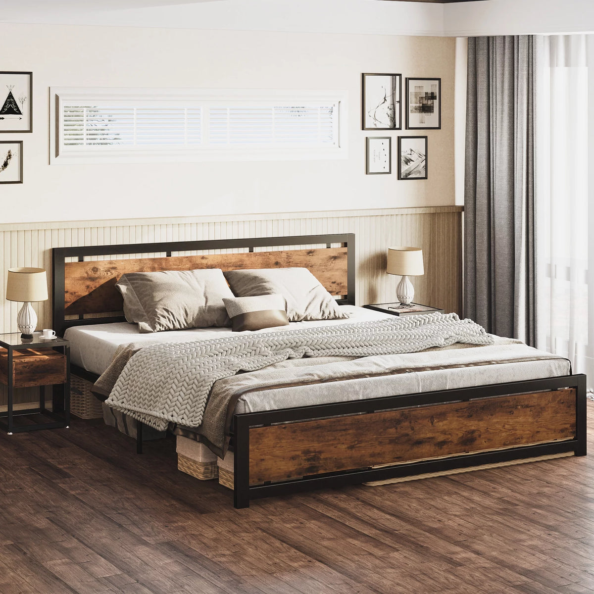 King Platform Bed Frame with Headboard and Under Bed Storage T263