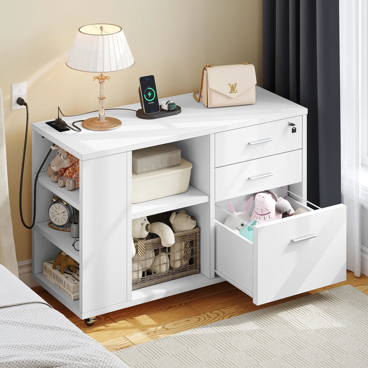 White Wood File Cabinet with Charging Station R891377