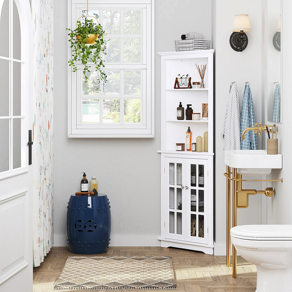 White Tall Corner Storage Cabinet with Glass Doors and Adjustable Shelves J28949