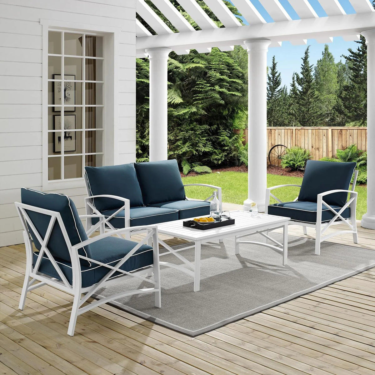 4 Pc Outdoor Metal Conversation Set Navy White L550