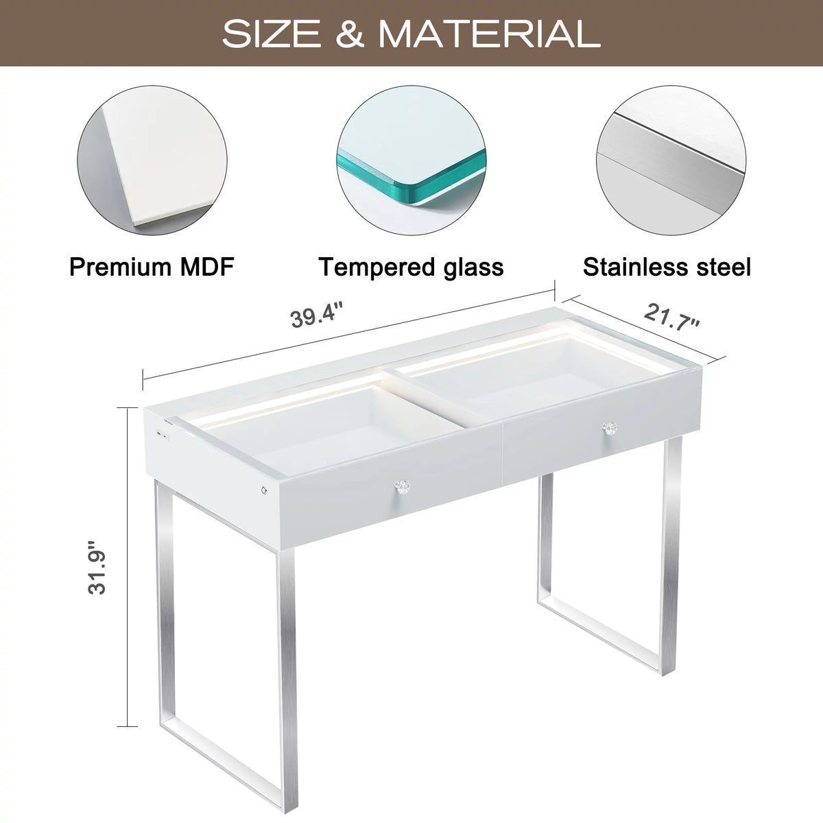 2-Drawer Makeup Vanity Table with Lights Charging Port E5138