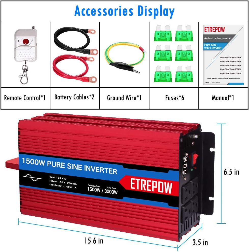 1500 Watt Pure Sine Wave Power Inverter 12V DC to 110V AC E12318