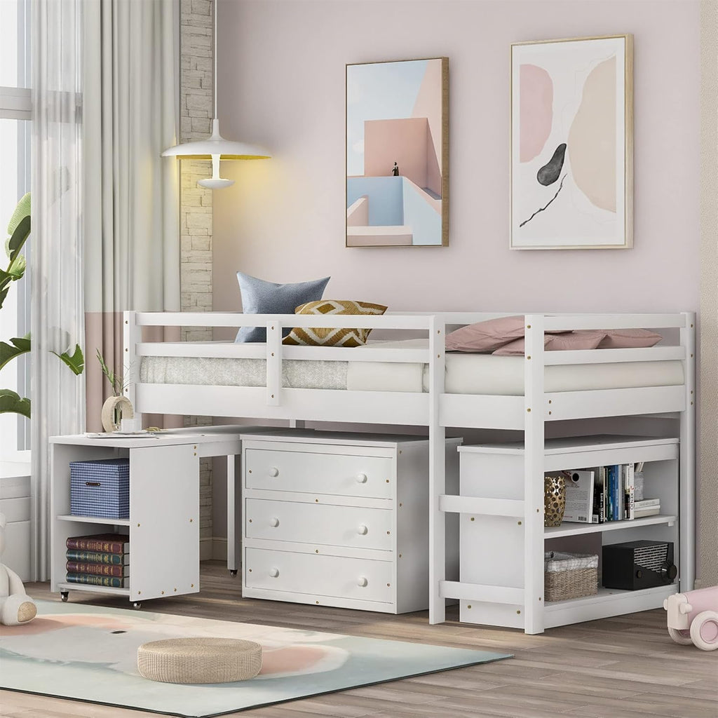 White Twin Loft Bed with Storage Drawers B8764