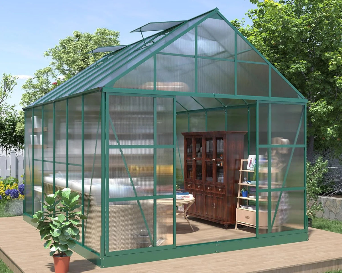 12x10x10 ft Polycarbonate Greenhouse with 2 Sliding Doors 4 Vents D848