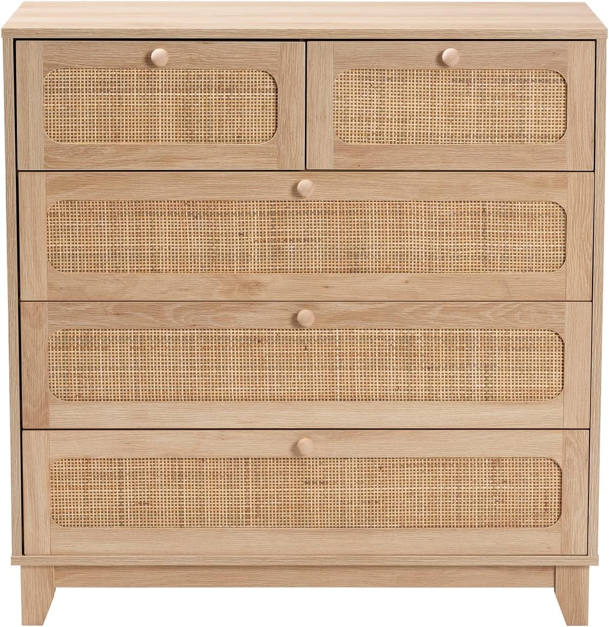 Oak Brown Wood and Natural Rattan 5-Drawer Cabinet N4255