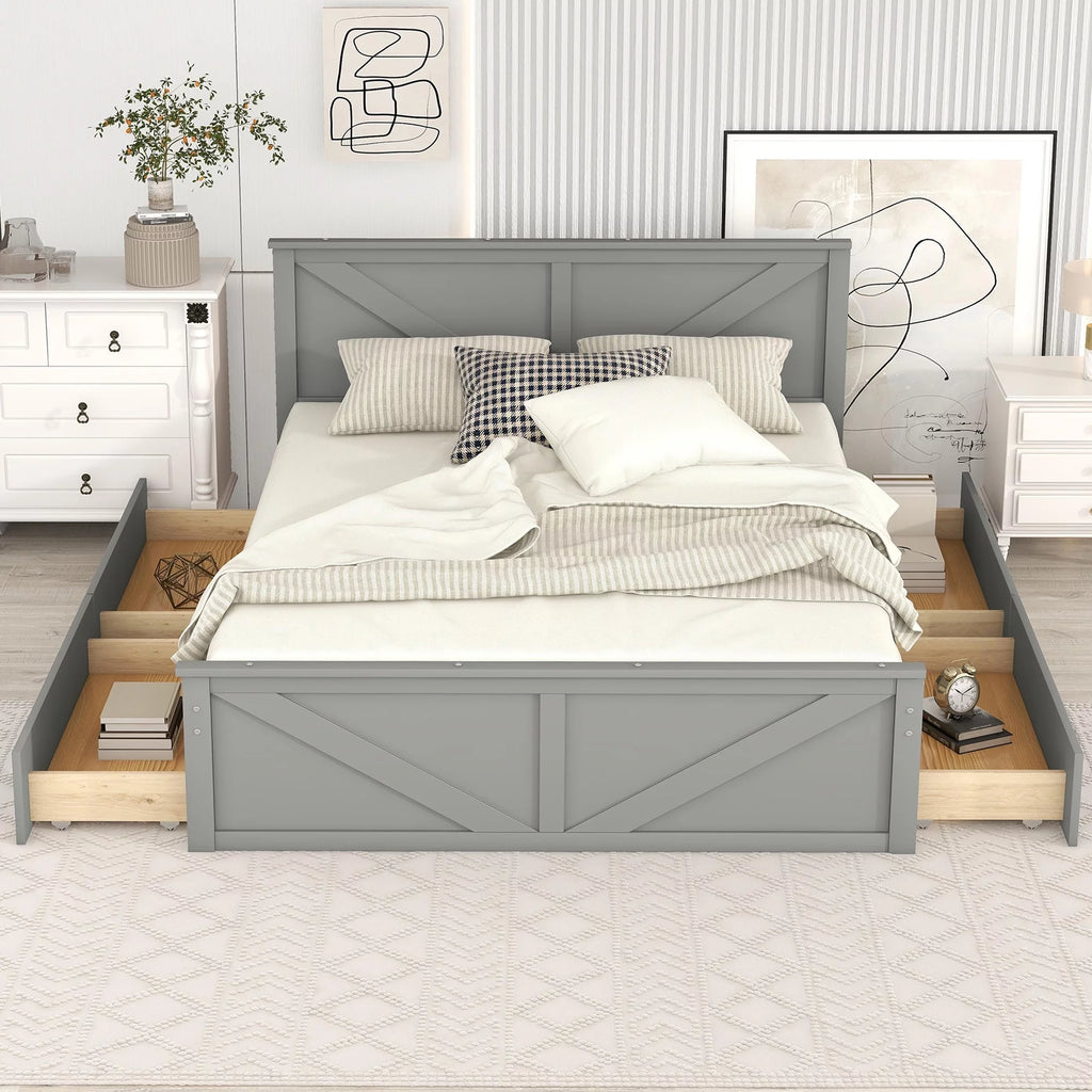 Gray Wood Queen Size Platform Bed with 4 Storage Drawers X75048
