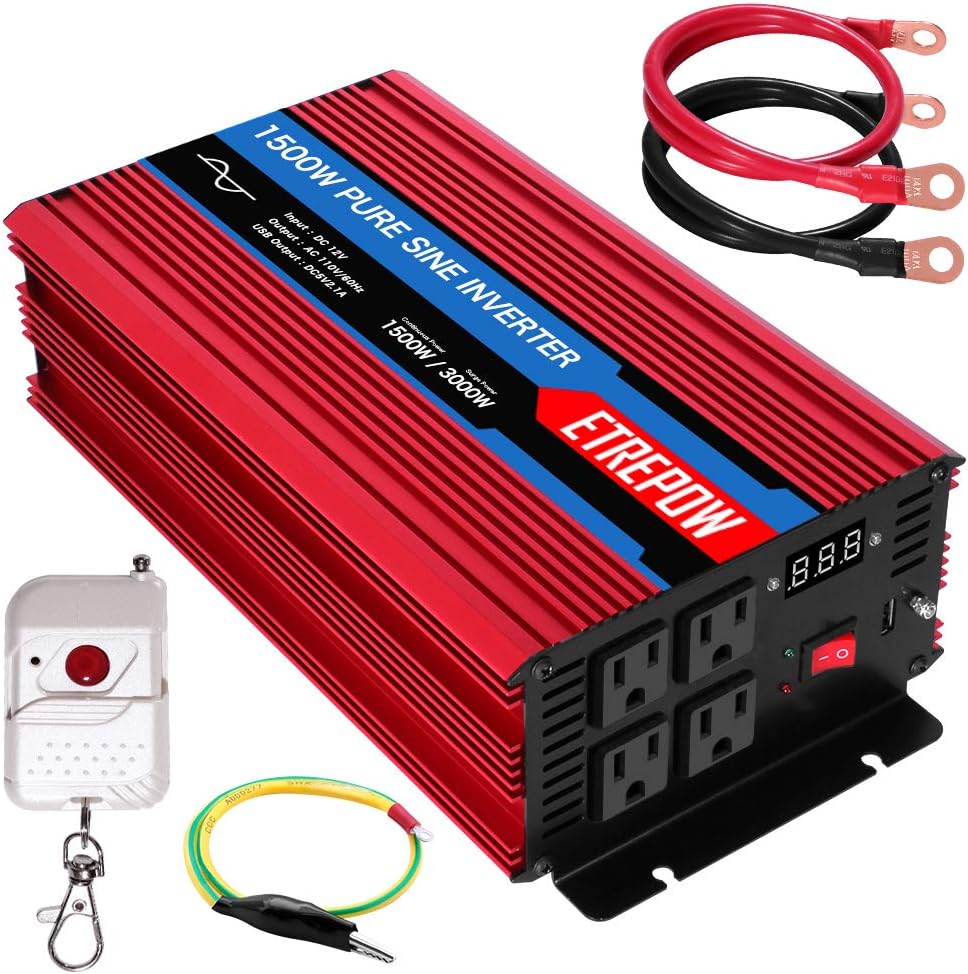 1500 Watt Pure Sine Wave Power Inverter 12V DC to 110V AC E12318