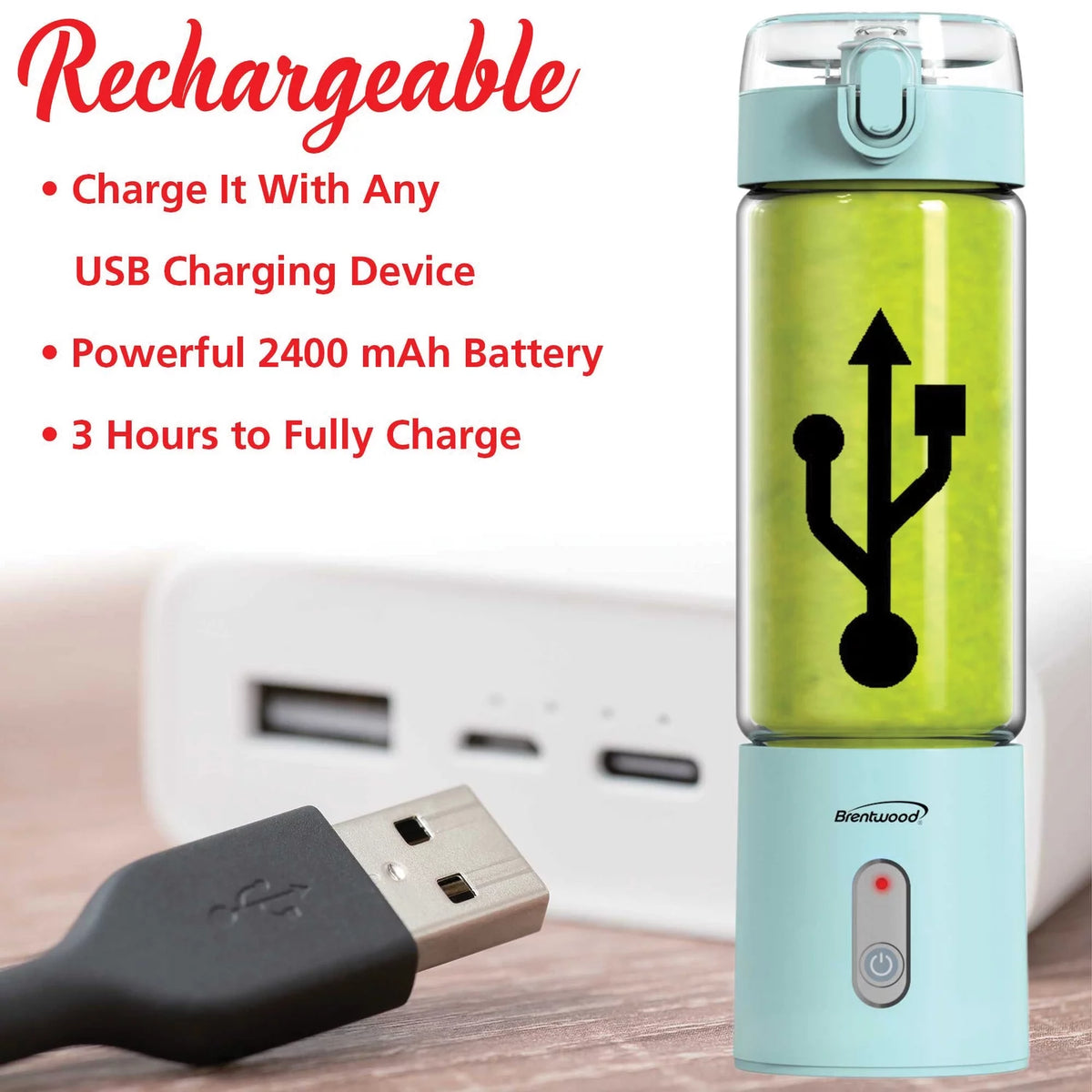 50-Watt 17-Oz. Portable USB-Chargeable Glass Blender U67256