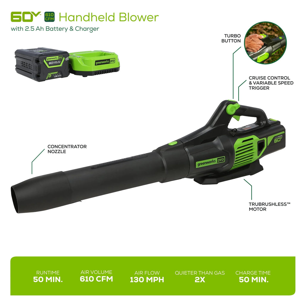 60V 610 CFM Cordless Brushless Leaf Blower with 2.5Ah Battery & Charger N598777