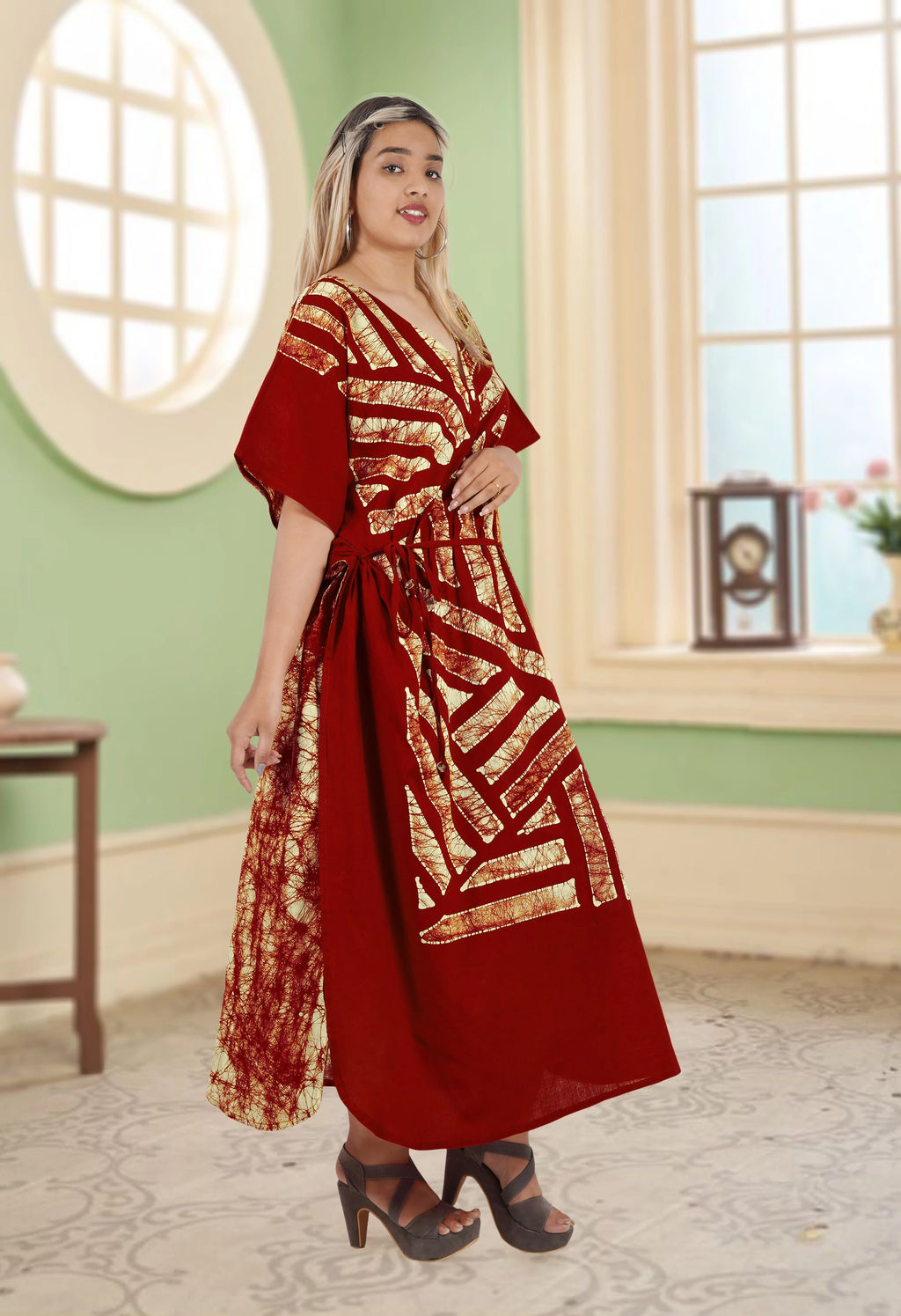 Maroon Stripes Maxi Kaftan Dress H8164