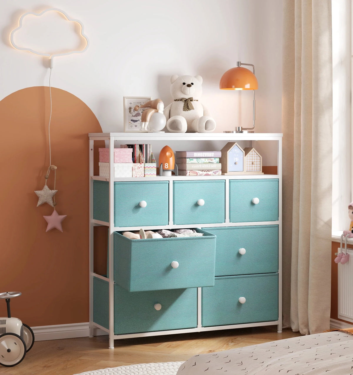 Pink 7 Drawer Fabric Dresser with Wood Shelves L816