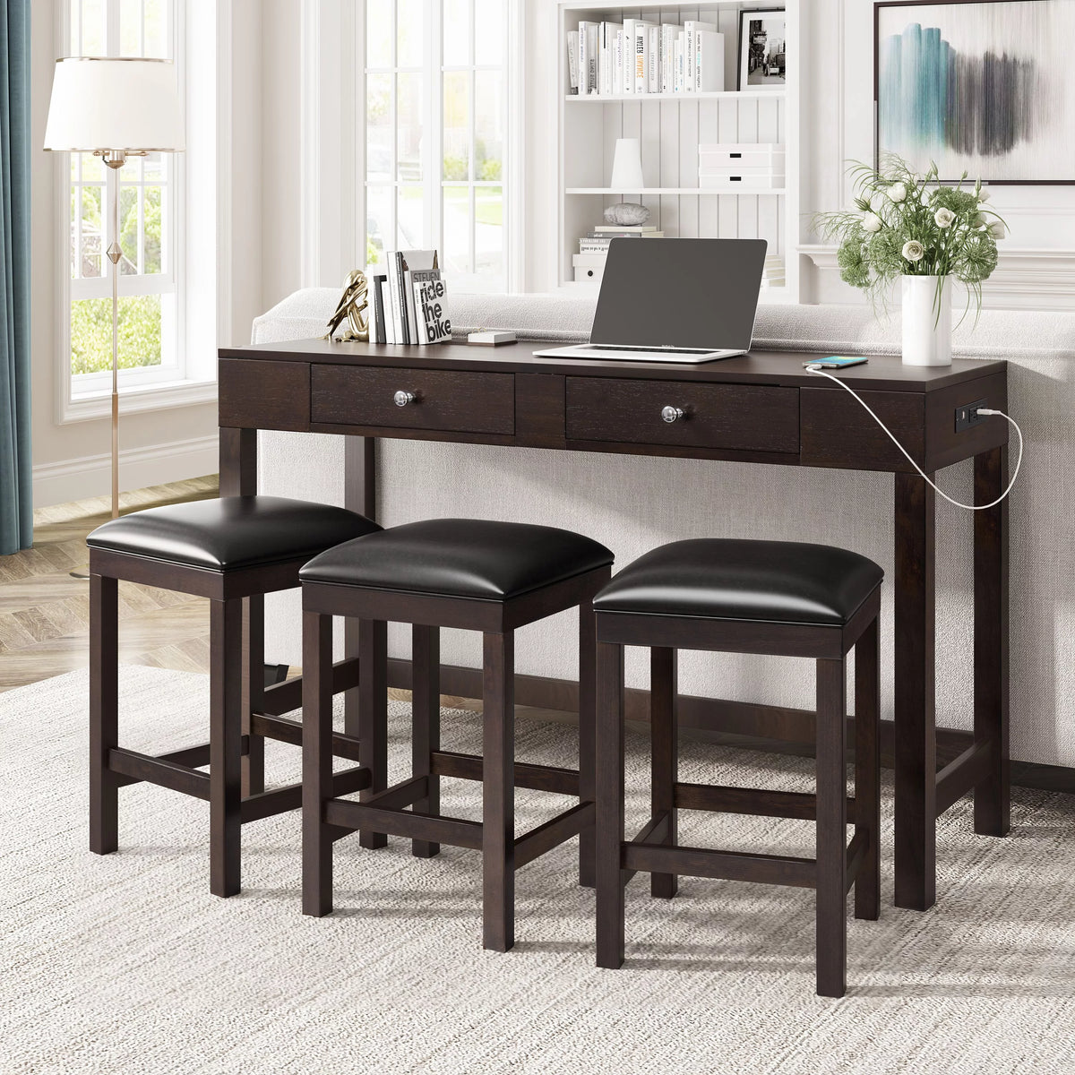 4-Piece Counter Height Table Set with Leather Padded Stools F738