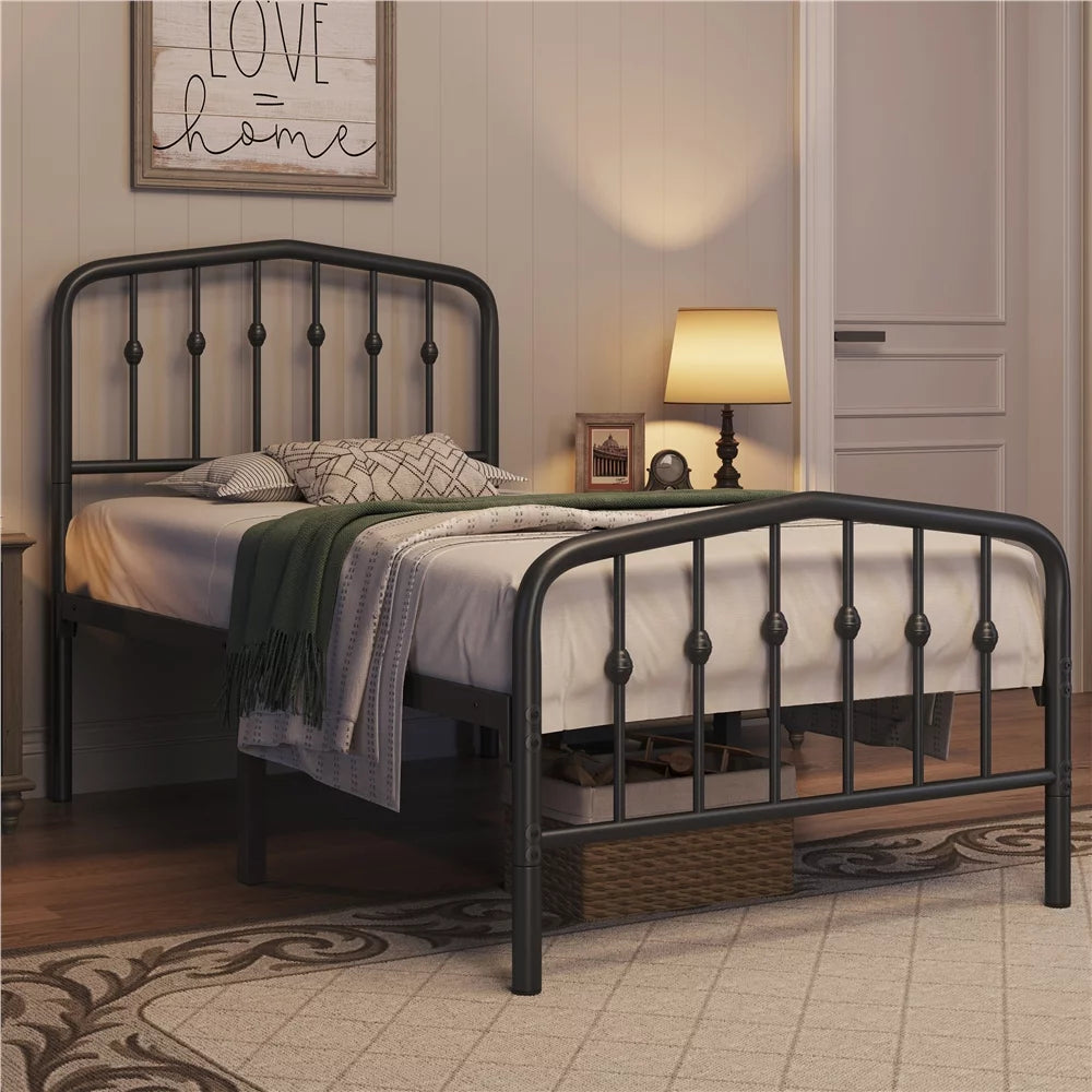 Twin Size Black Metal Bed with Arched Headboard and Footboard U339