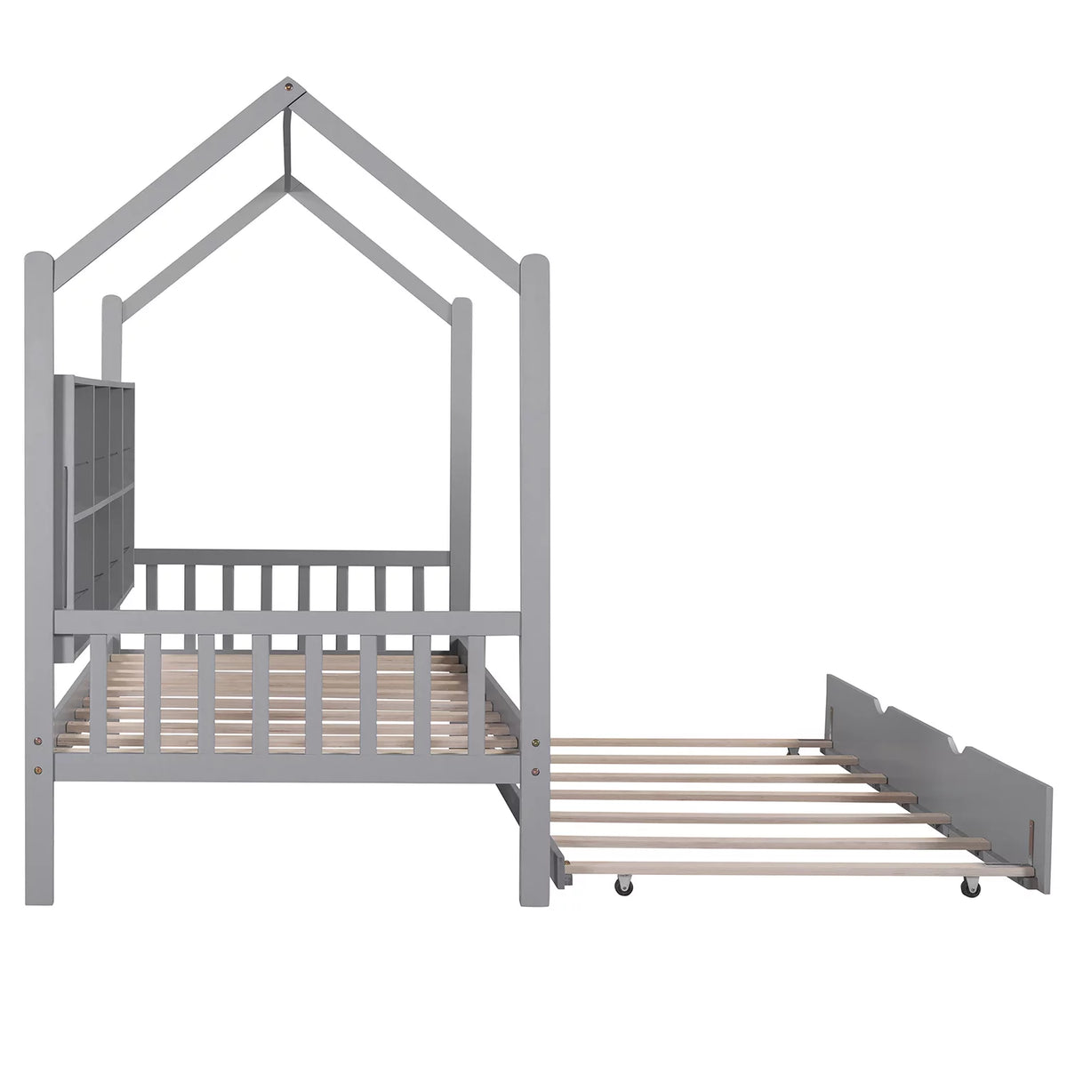 Gray Twin Size House Bed with 2 Drawers and Storage Shelves M5994