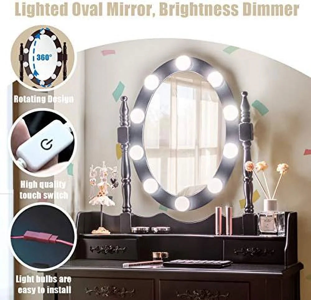 White Vanity Table Set with Lighted Mirror 4 Drawers Cushioned Stool I303196