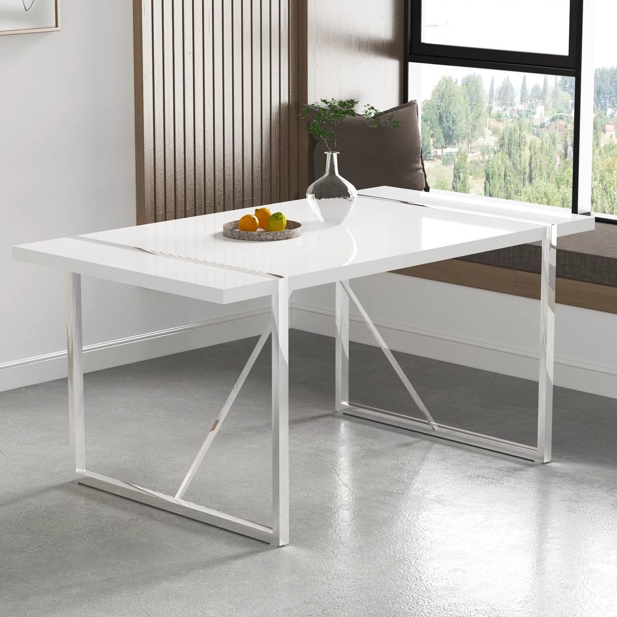 White Dining Table with Silver Metal Legs C870