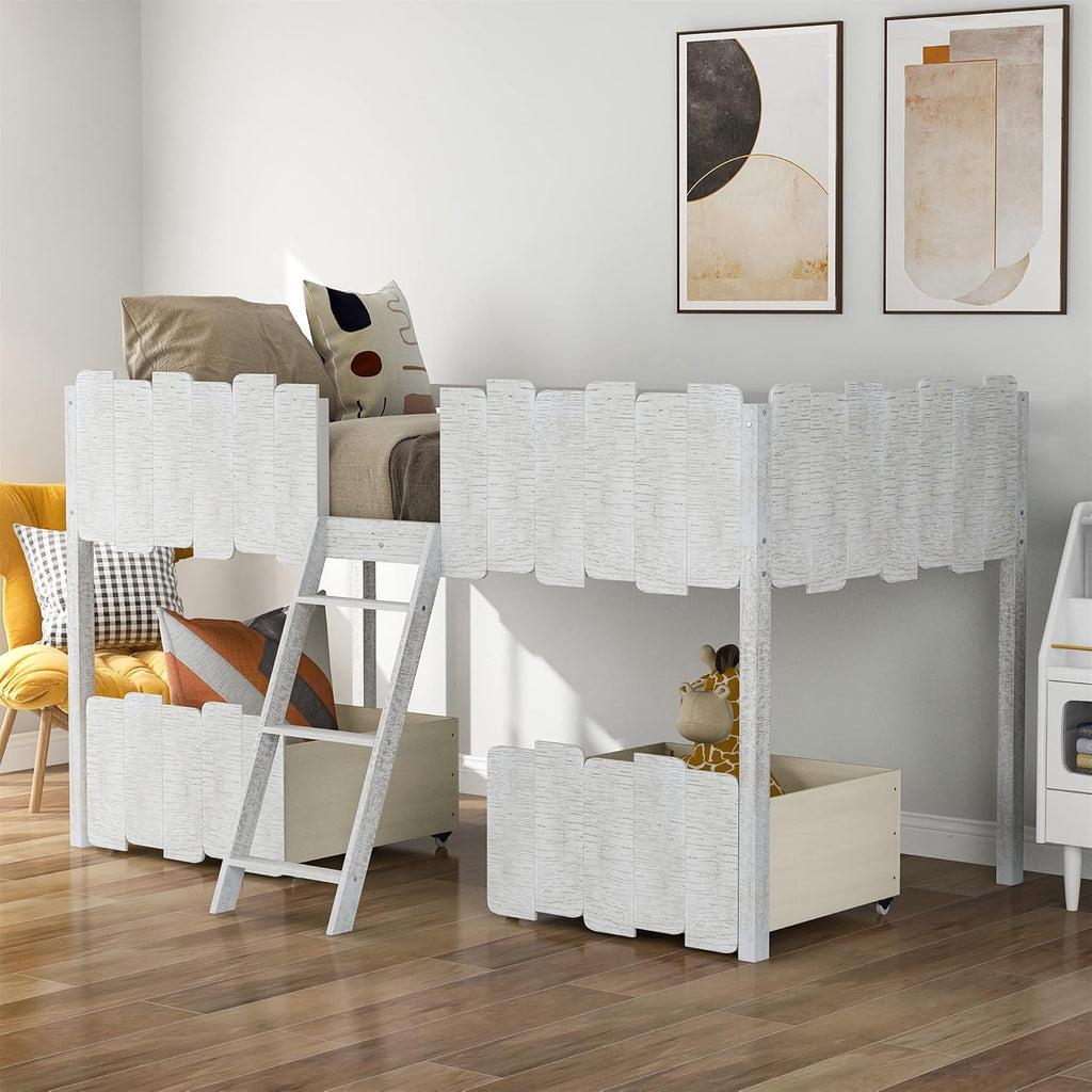 White Twin Loft Bed with Storage Drawers B8764