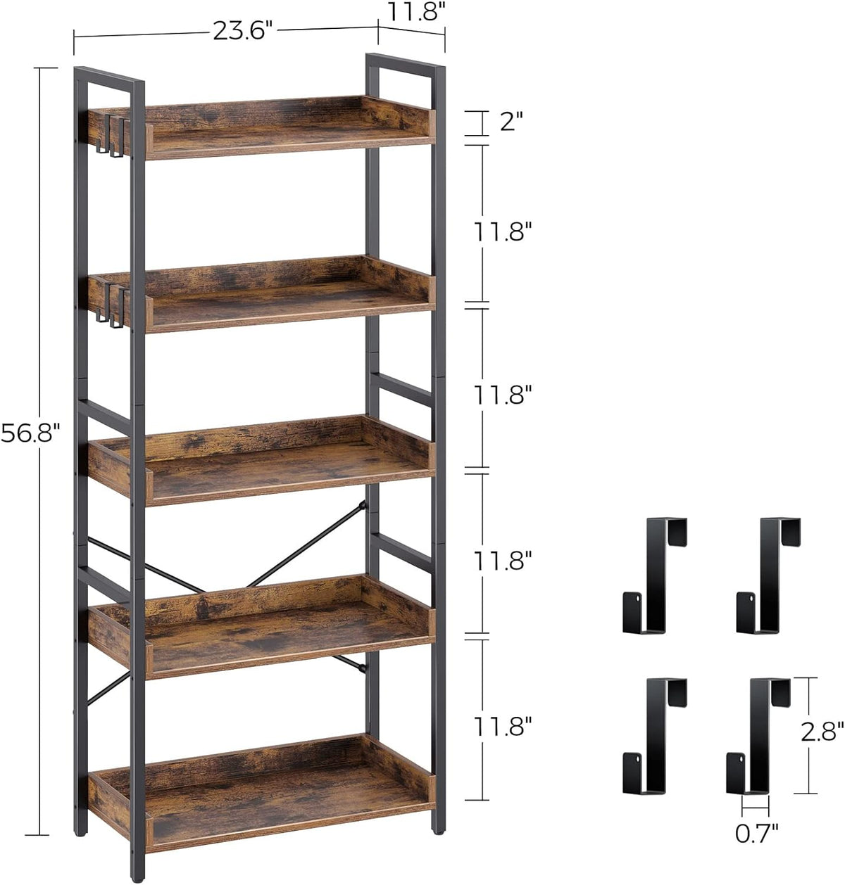 5 Tier Wood Bookshelf with 4 Hooks S9384