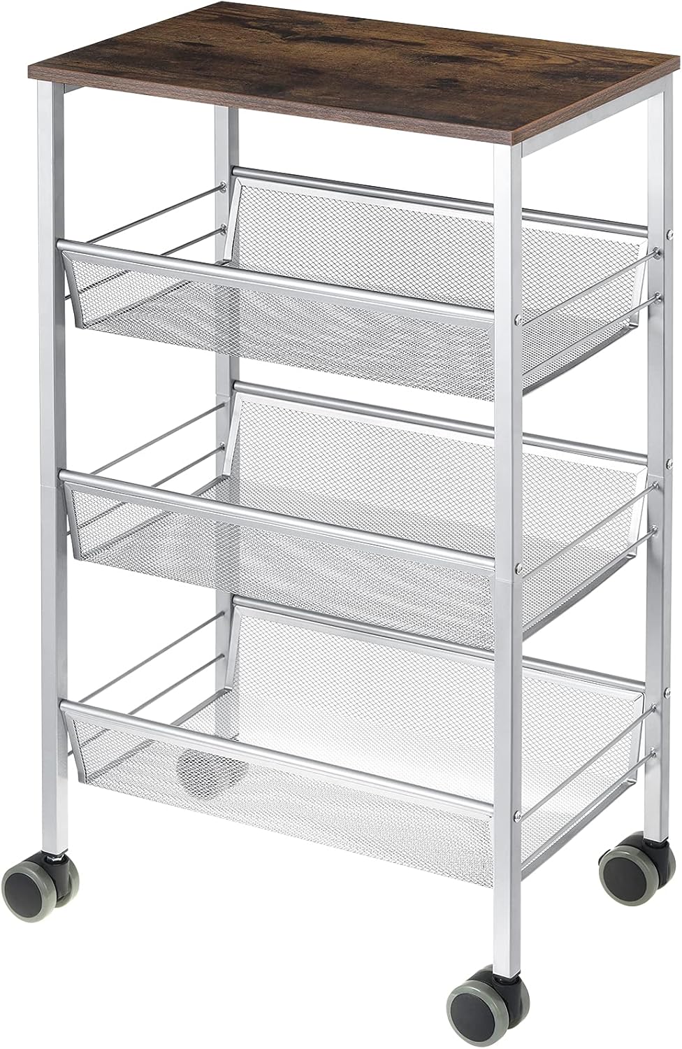 3-Tier Metal Mesh Rolling Kitchen Cart with Wood Cover F44114