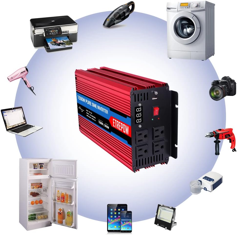 1500 Watt Pure Sine Wave Power Inverter 12V DC to 110V AC E12318