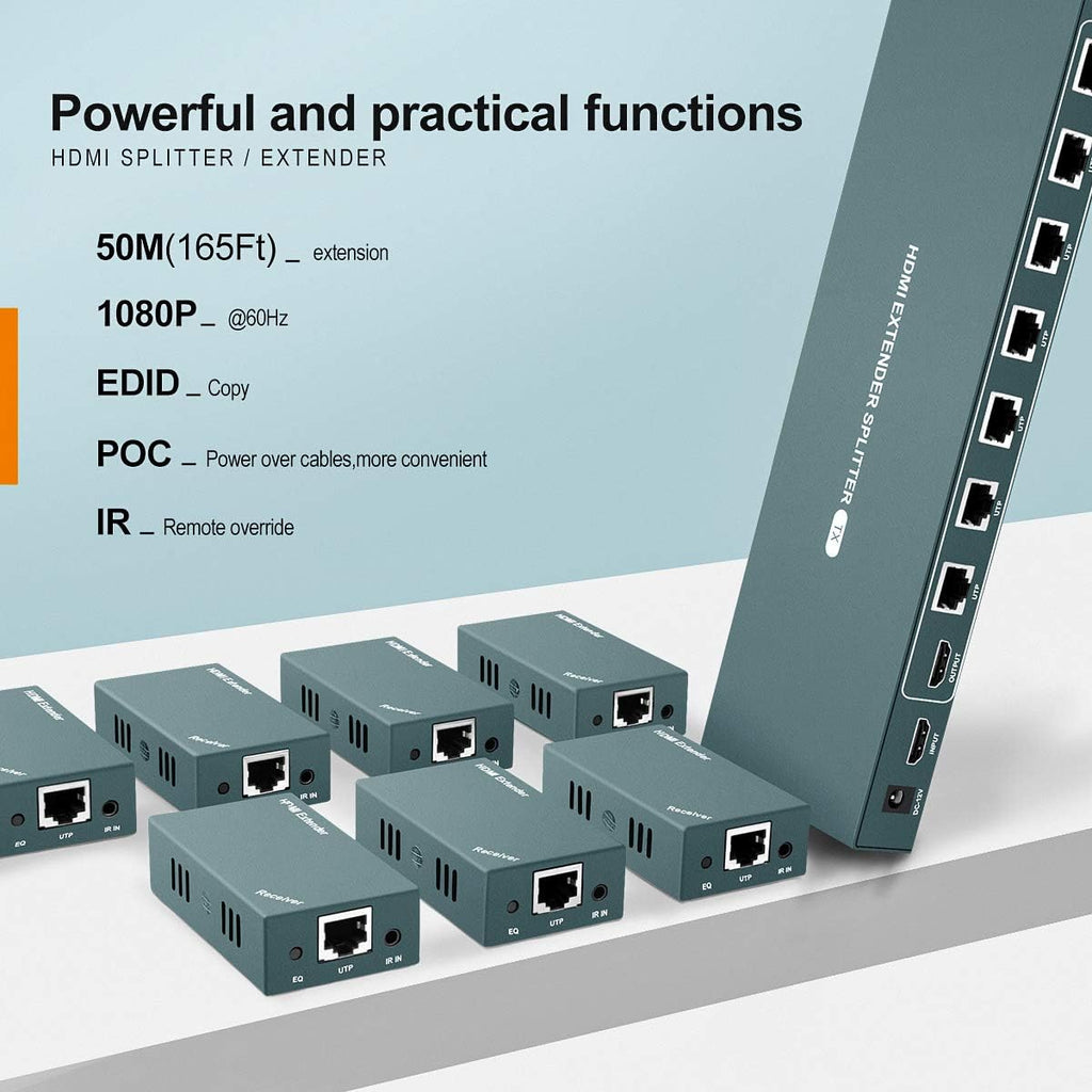 HDMI Extender Splitter 1x7 with IR, 1080P@60Hz, Up to 165ft Over CAT5e/CAT6/CAT7 E756017