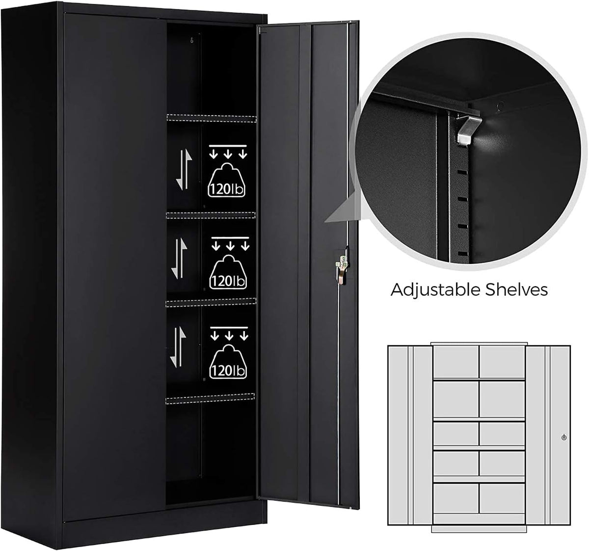 Black Metal Storage Cabinet with 4 Adjustable Shelves C979