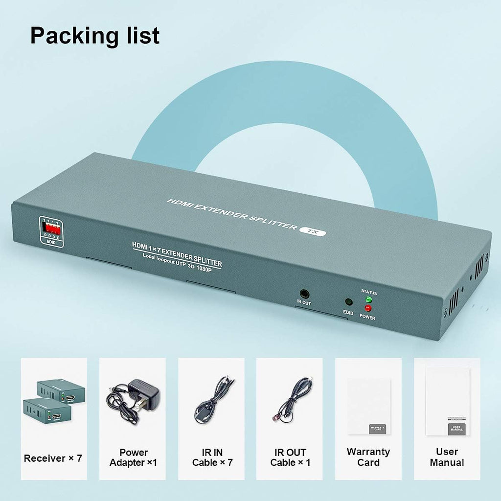 HDMI Extender Splitter 1x7 with IR, 1080P@60Hz, Up to 165ft Over CAT5e/CAT6/CAT7 E756017