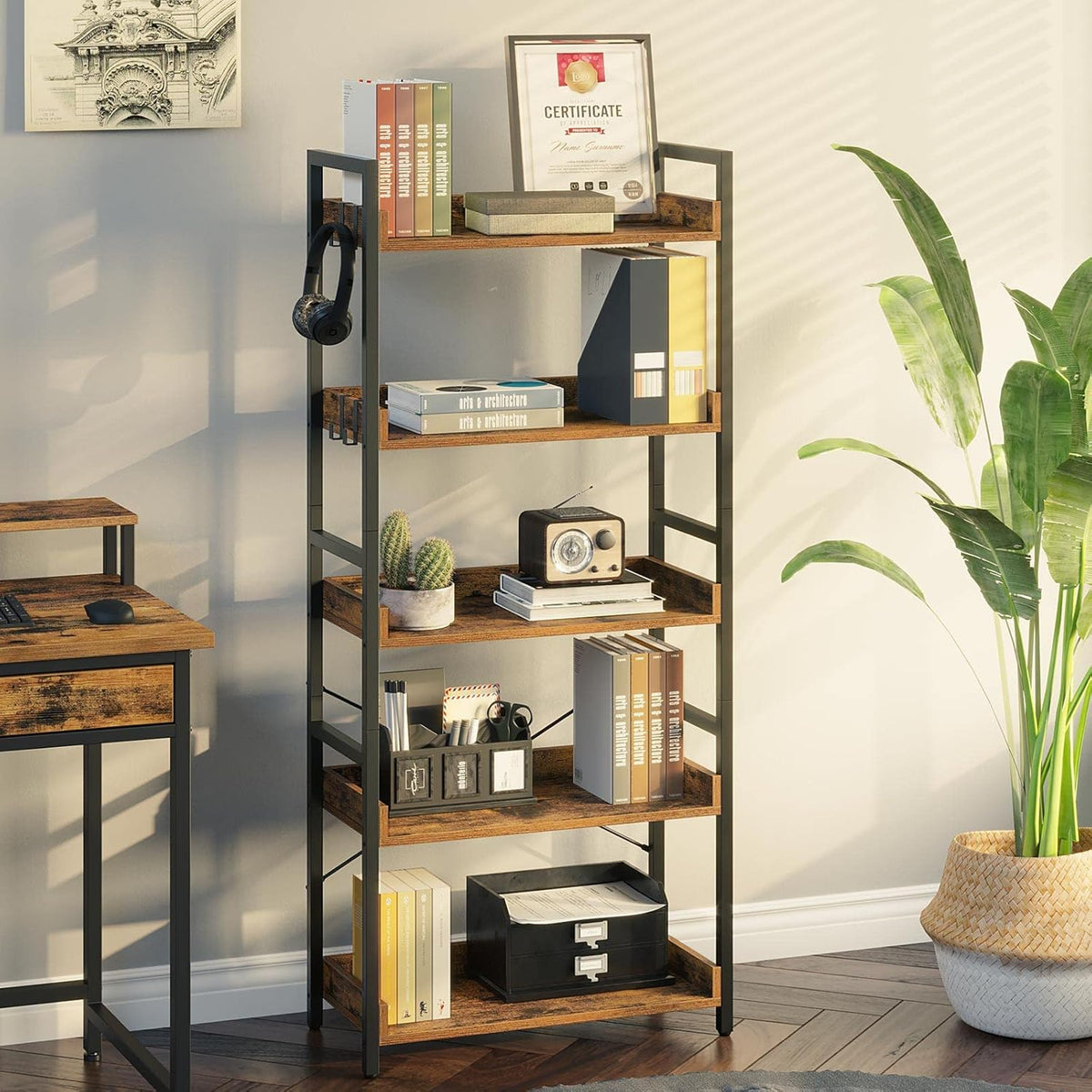 5 Tier Wood Bookshelf with 4 Hooks S9384