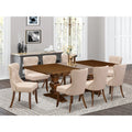 8 Pc Linen Fabric Tan Dining Set with Antique Walnut Wood Table R291