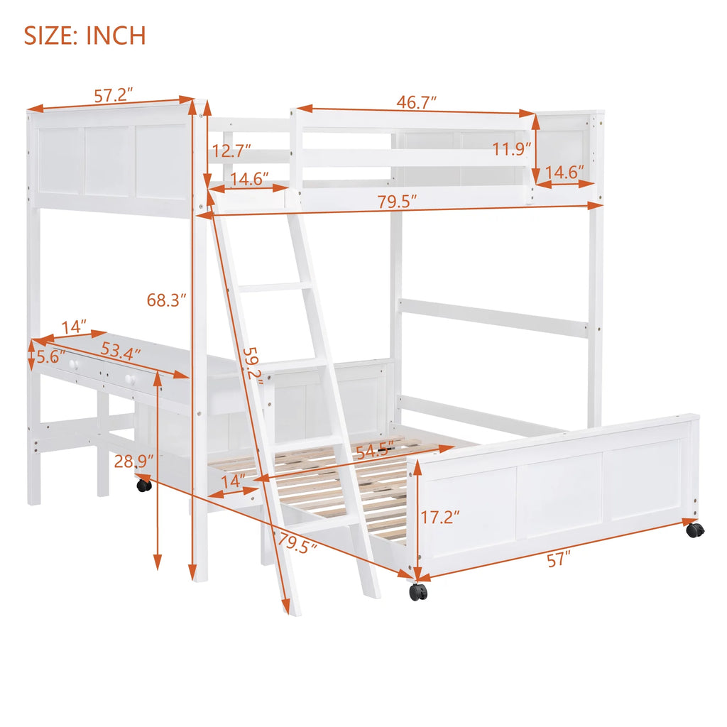 Full Over Full Bunk Bed with Desk, White F3747