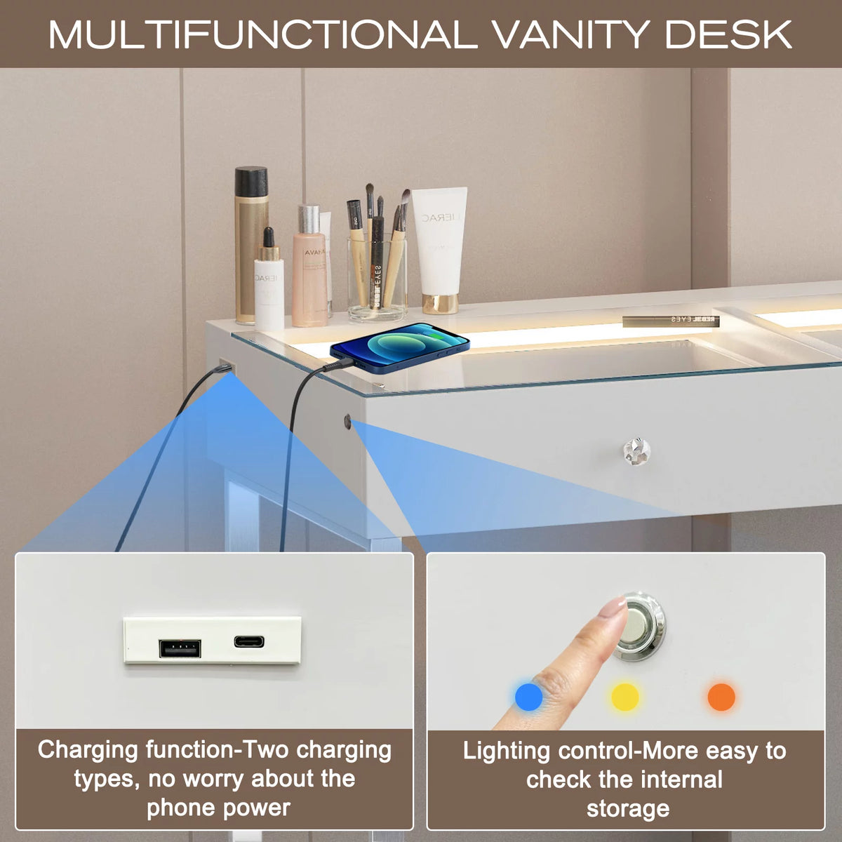 2-Drawer Makeup Vanity Table with Lights Charging Port E5138