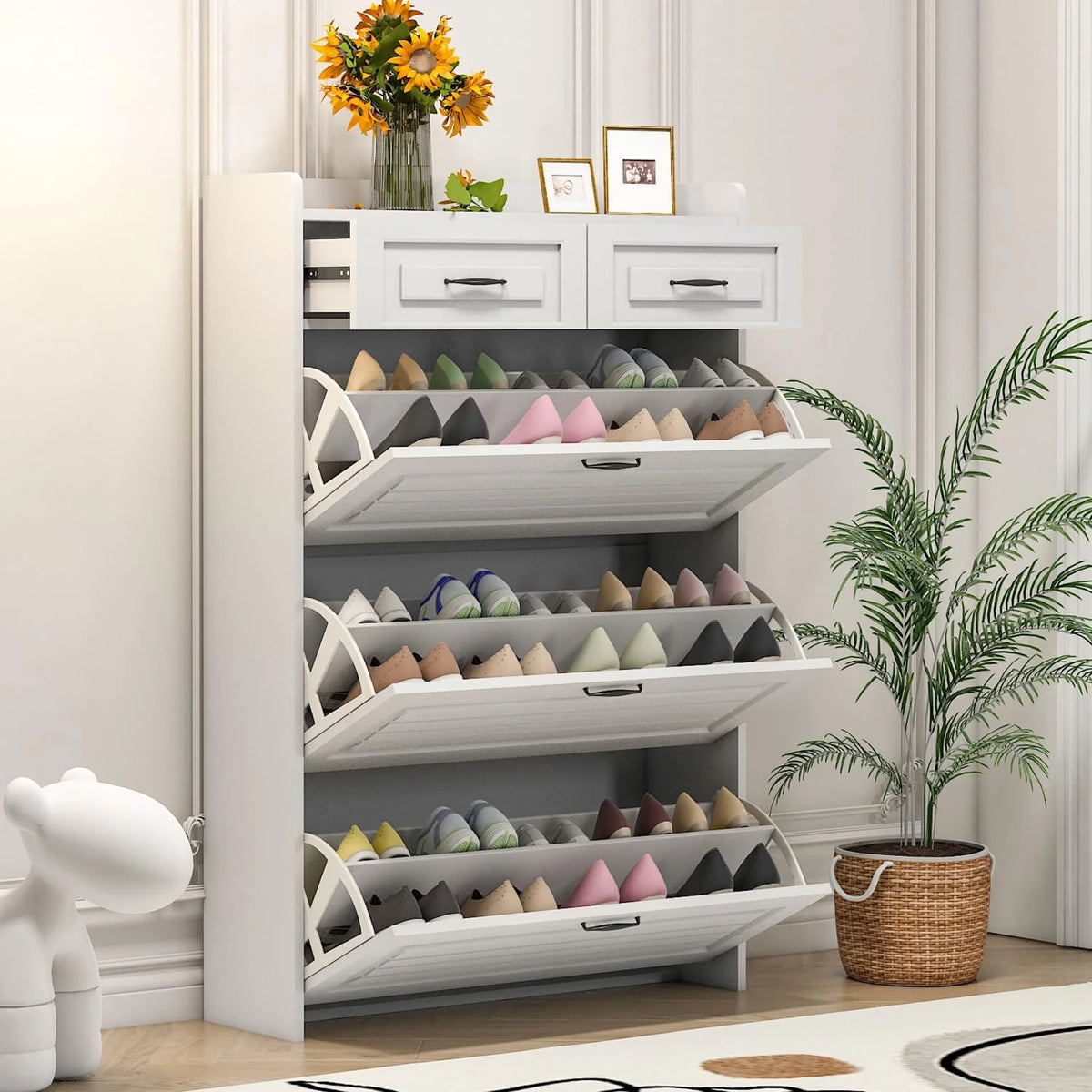 Slim Shoe Cabinet with 3 Doors and 2 Drawers V9309