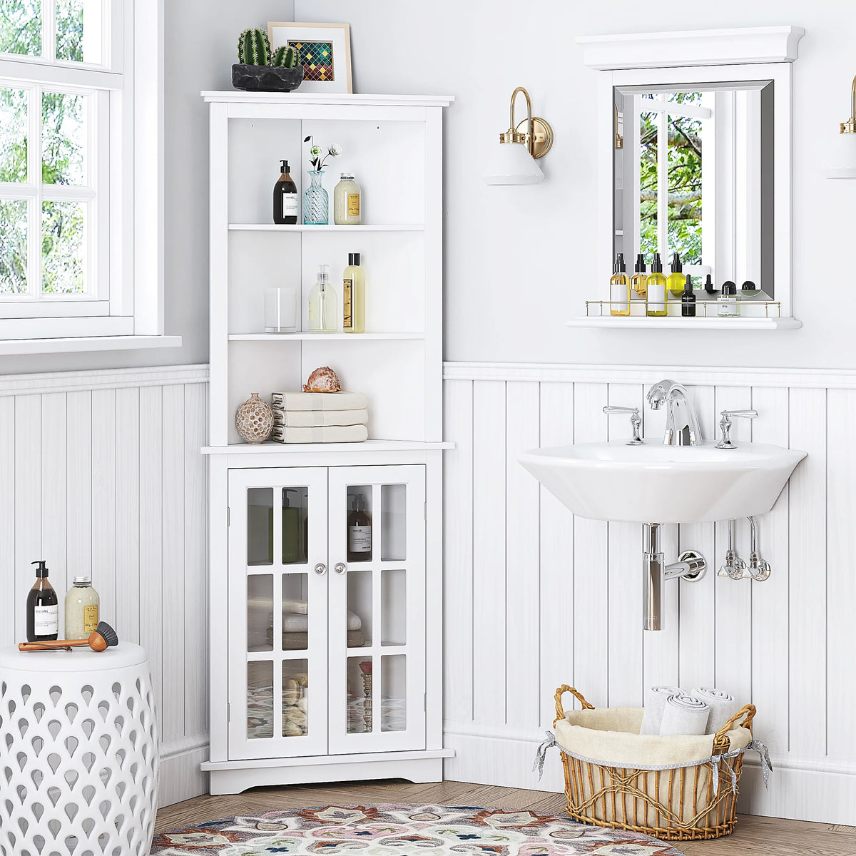 White Tall Corner Storage Cabinet with Glass Doors and Adjustable Shelves J28949