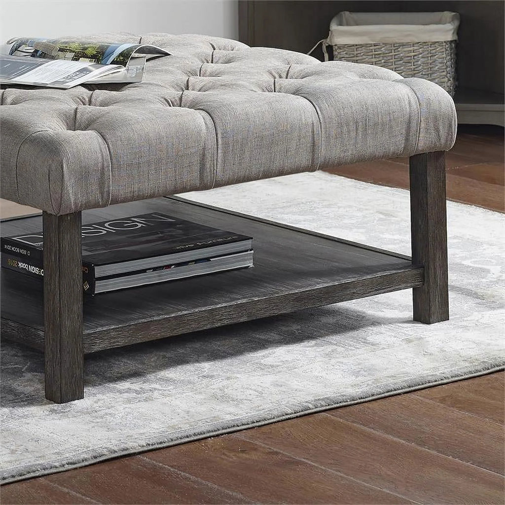 Wood Ottoman in Antique Washed Gray and Light Gray A4035