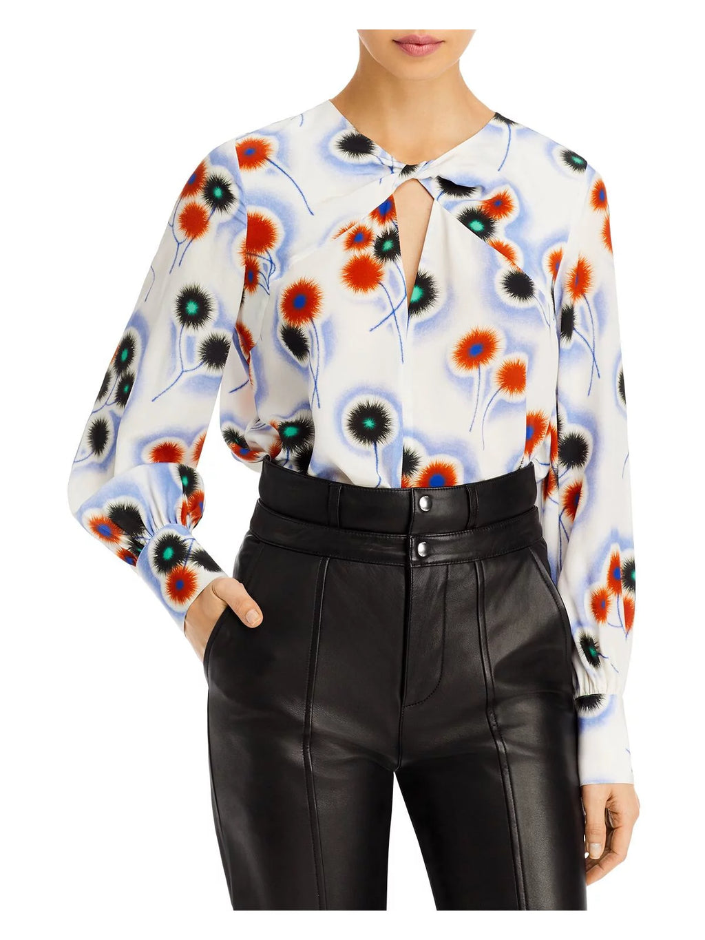 White Floral Long Sleeve Keyhole Blouse D624