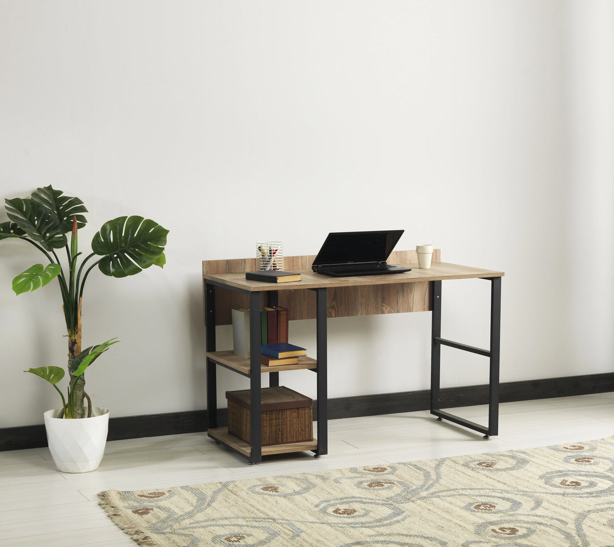 Black Metal Frame Wooden Top 2 Shelves Writing and Computer Desk Y3043