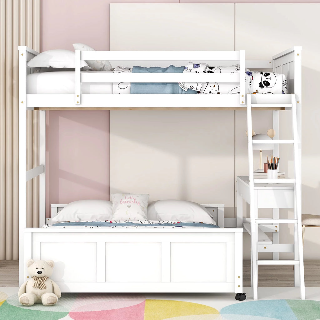 Full Over Full Bunk Bed with Desk, White F3747