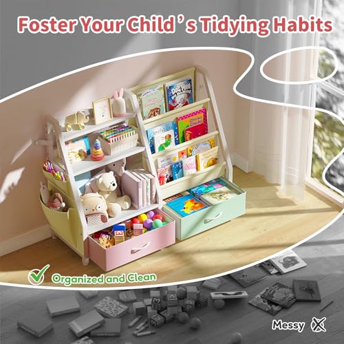 3 Tier Kids Bookshelf and Toy Organizer with 2 Toy Bins M33524