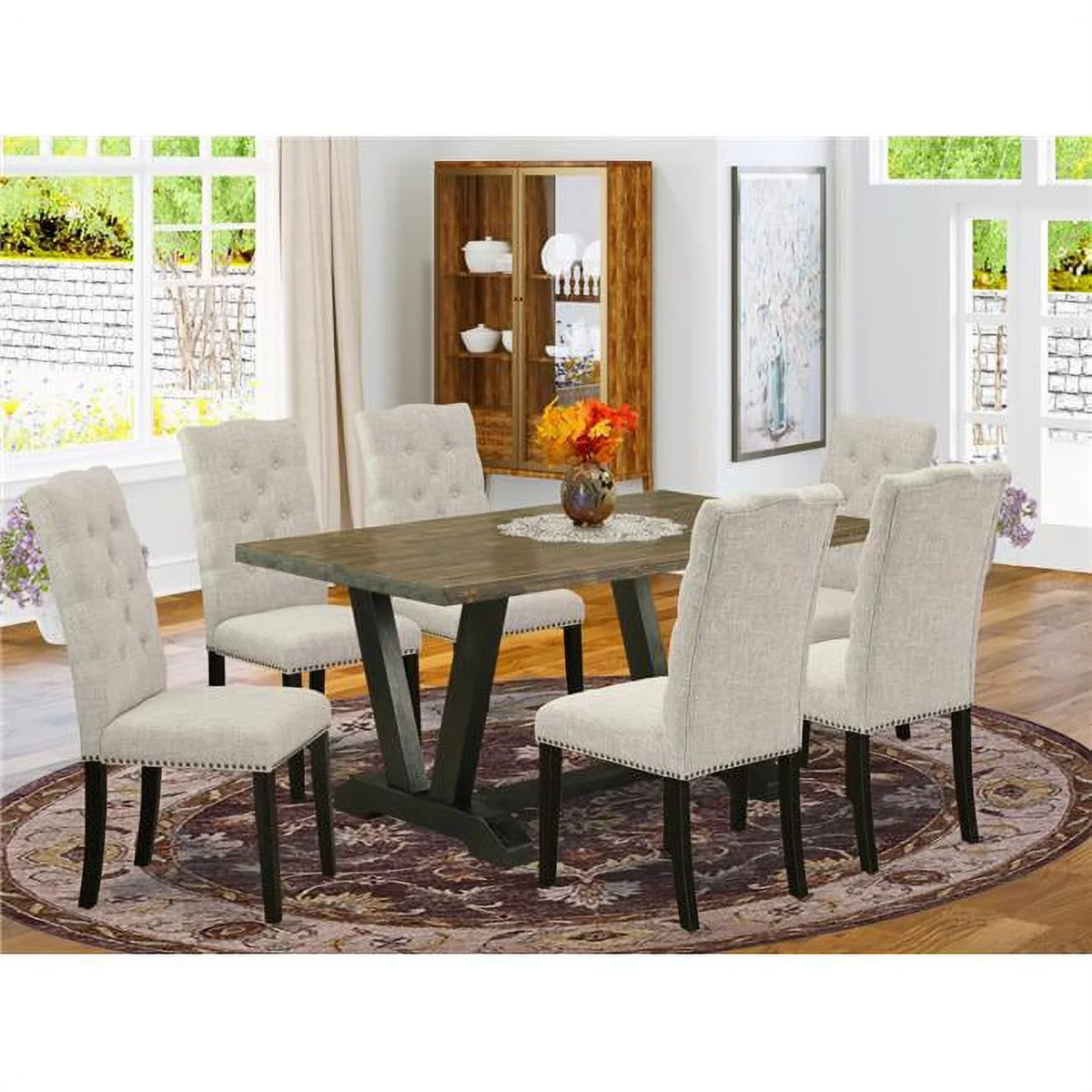 7 Piece Small Dining Table Set Dark Khaki U829741