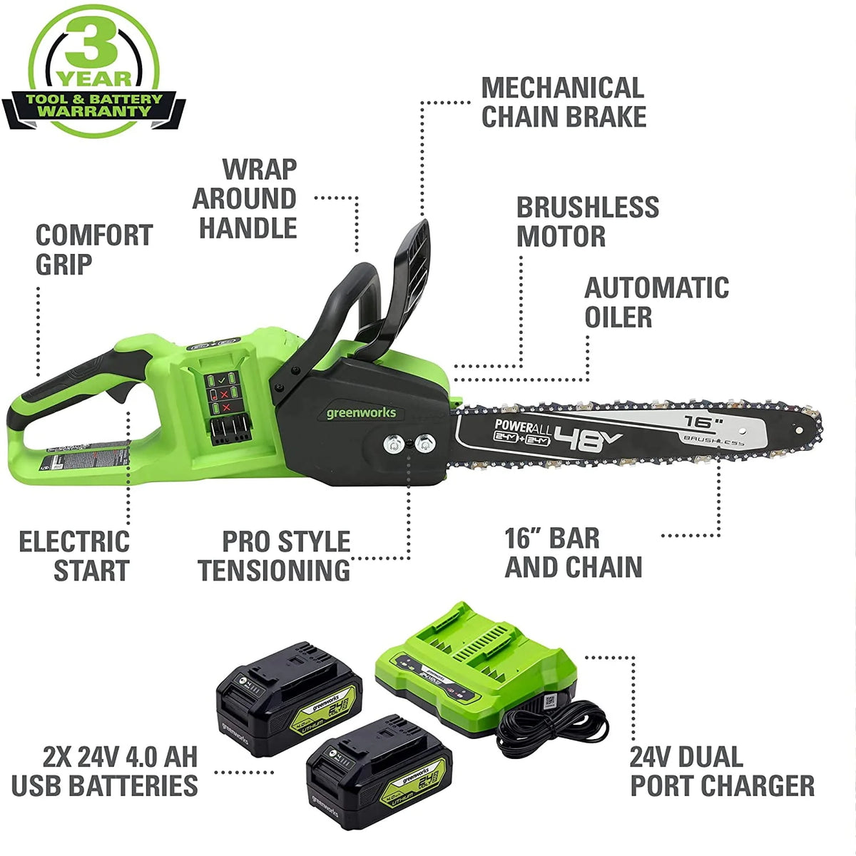 48V 16-inch Brushless Chainsaw with 4Ah Batteries and Dual Port Charger E359124