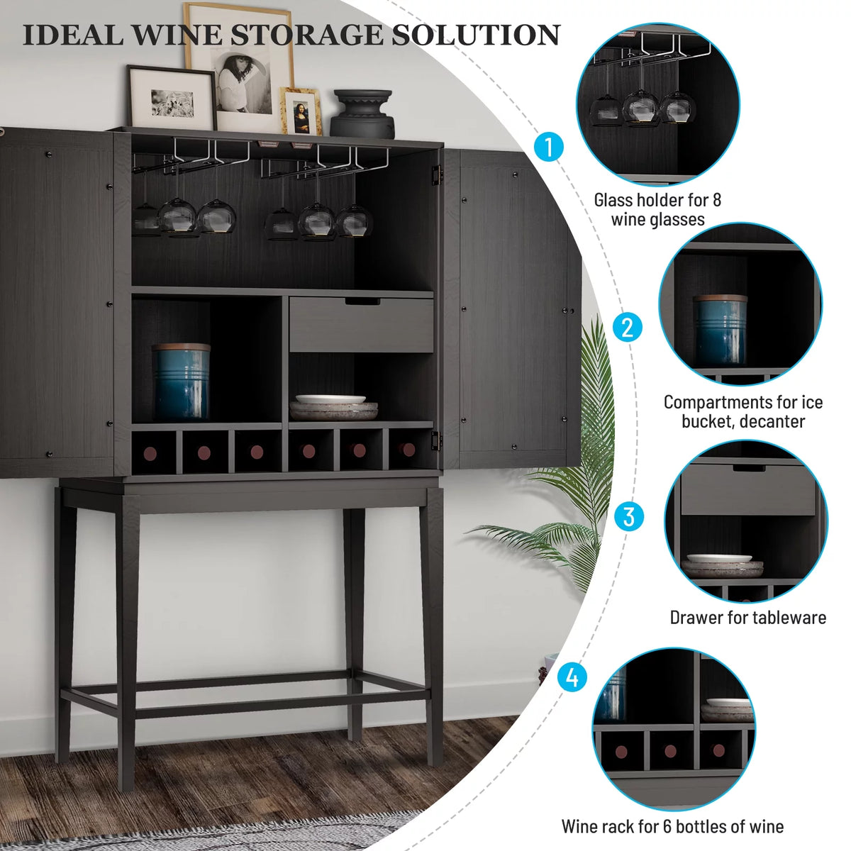 Solid Rubber Wood Double Mirror Door Bar Cabinet with Glass Holder F9530
