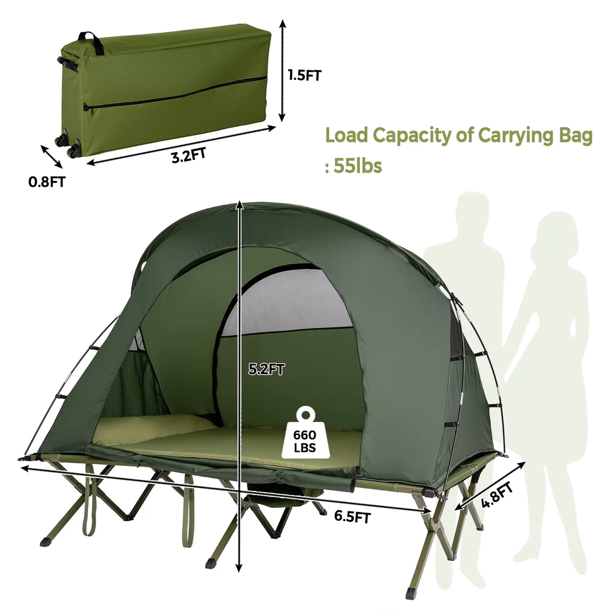 2-Person Folding Camping Tent Cot with External Cover Green D135