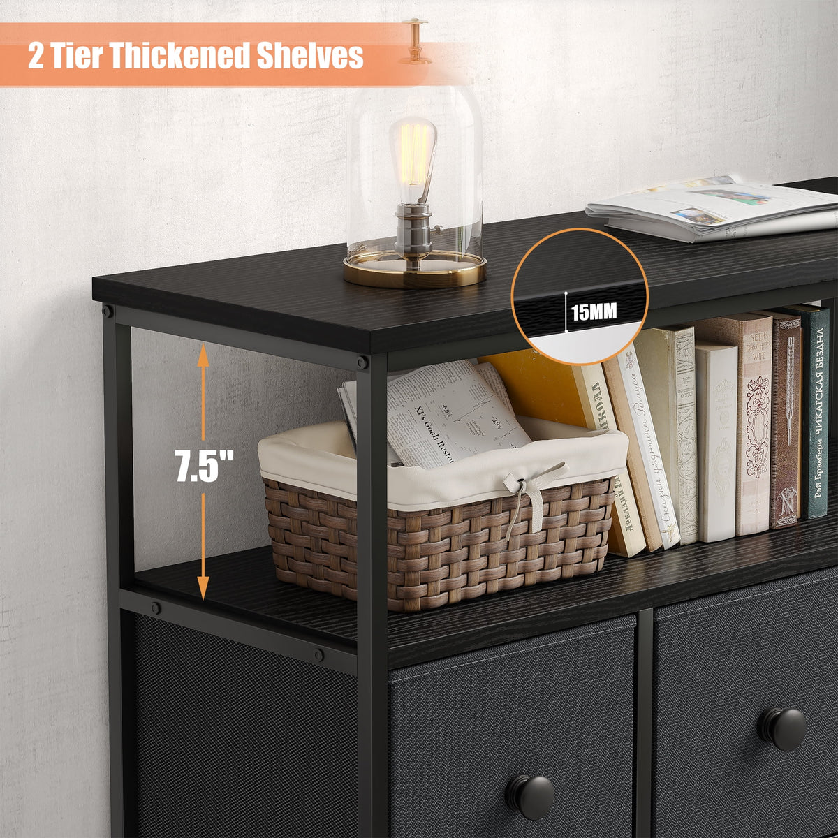 Pink 7 Drawer Fabric Dresser with Wood Shelves L816