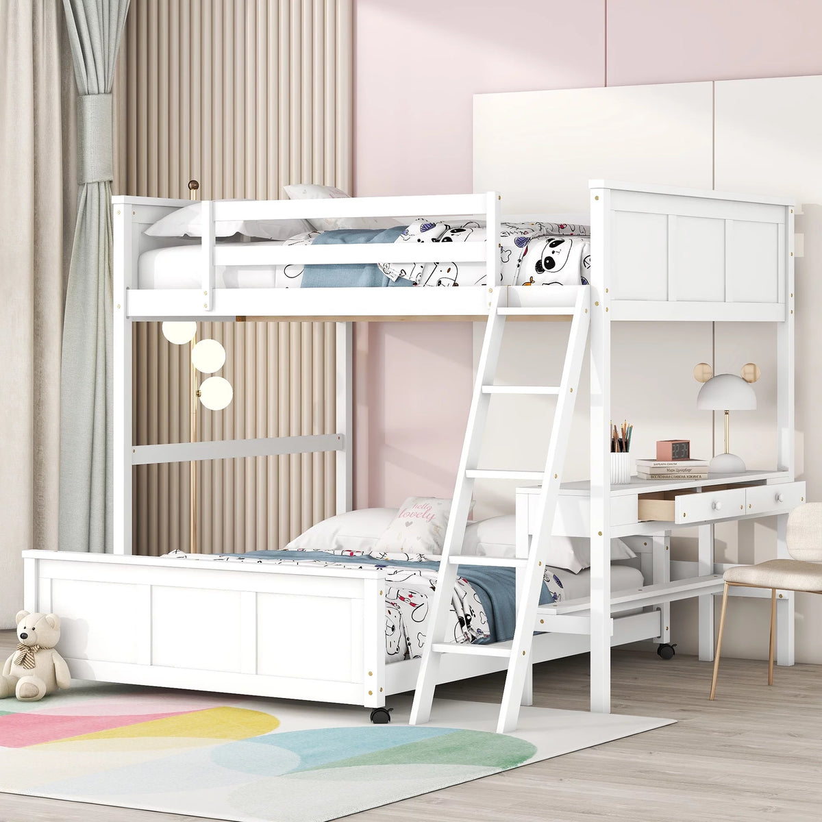 Full Over Full Bunk Bed with Desk, White F3747