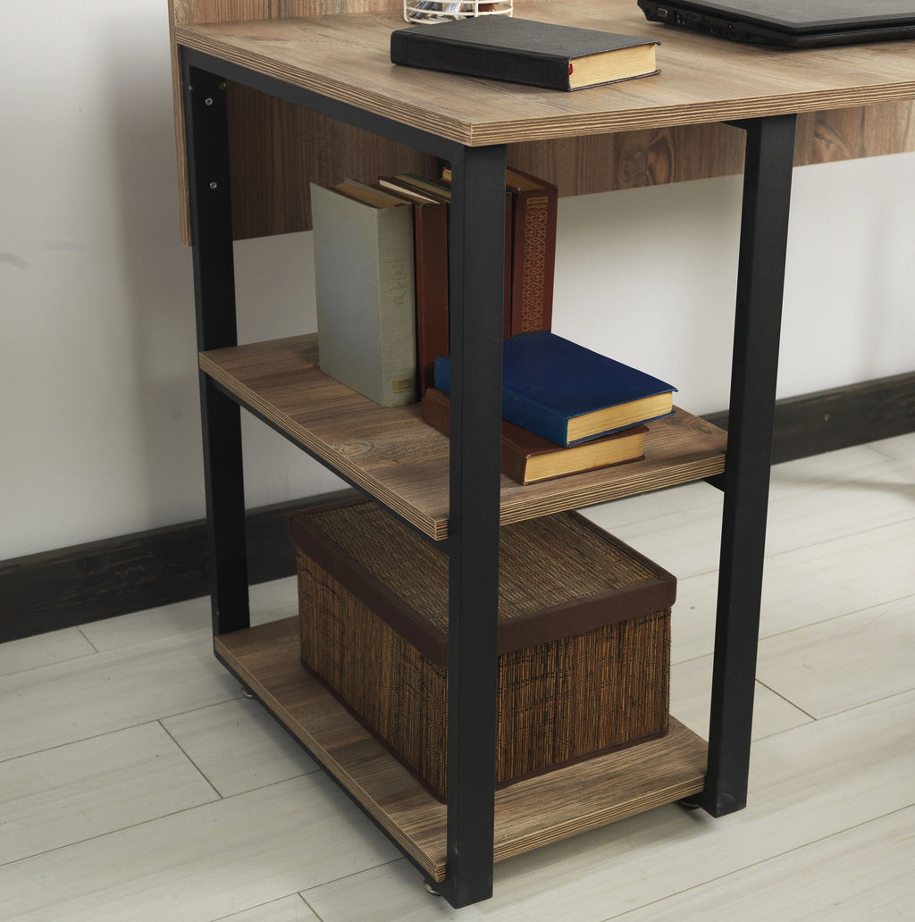 Black Metal Frame Wooden Top 2 Shelves Writing and Computer Desk Y3043