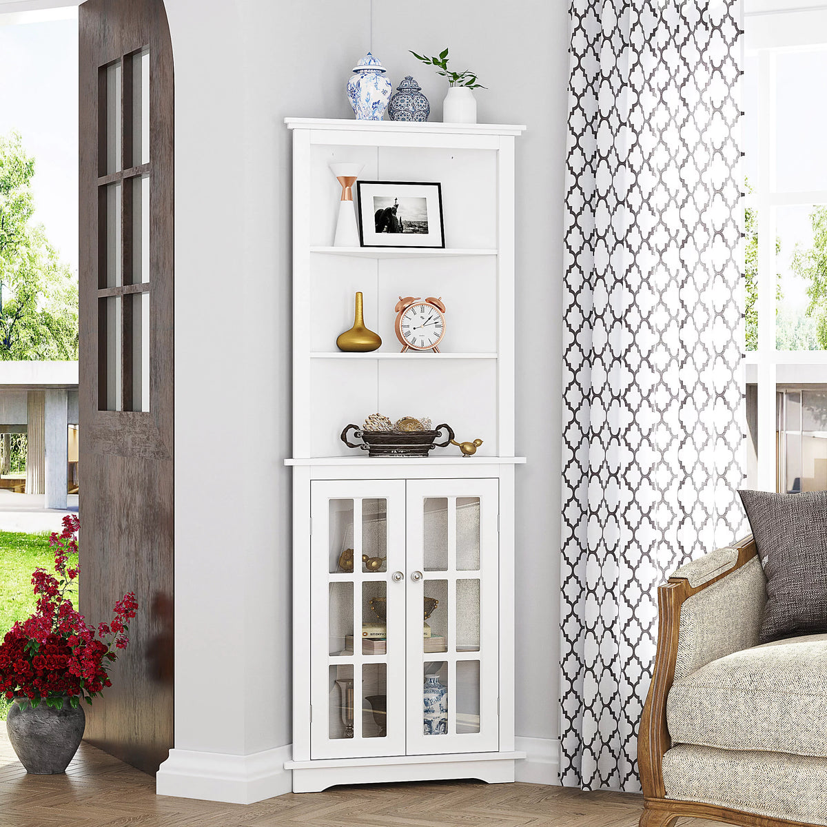 White Tall Corner Storage Cabinet with Glass Doors and Adjustable Shelves J28949